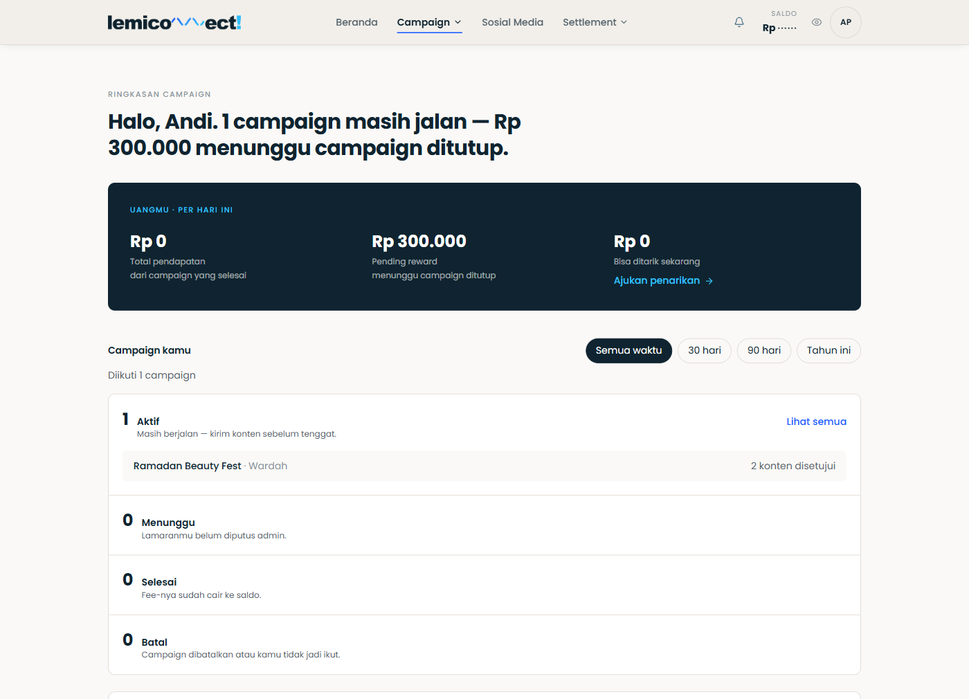 Halaman Ringkasan di dalam aplikasi: band saldo — total pendapatan, pending reward, dan saldo yang bisa ditarik — beserta daftar campaign yang sedang diikuti.